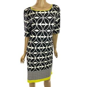 Tiana B. Sheath Dress Black & White w/Yellow Trim Short Sleeve Size 8 Poly Blend